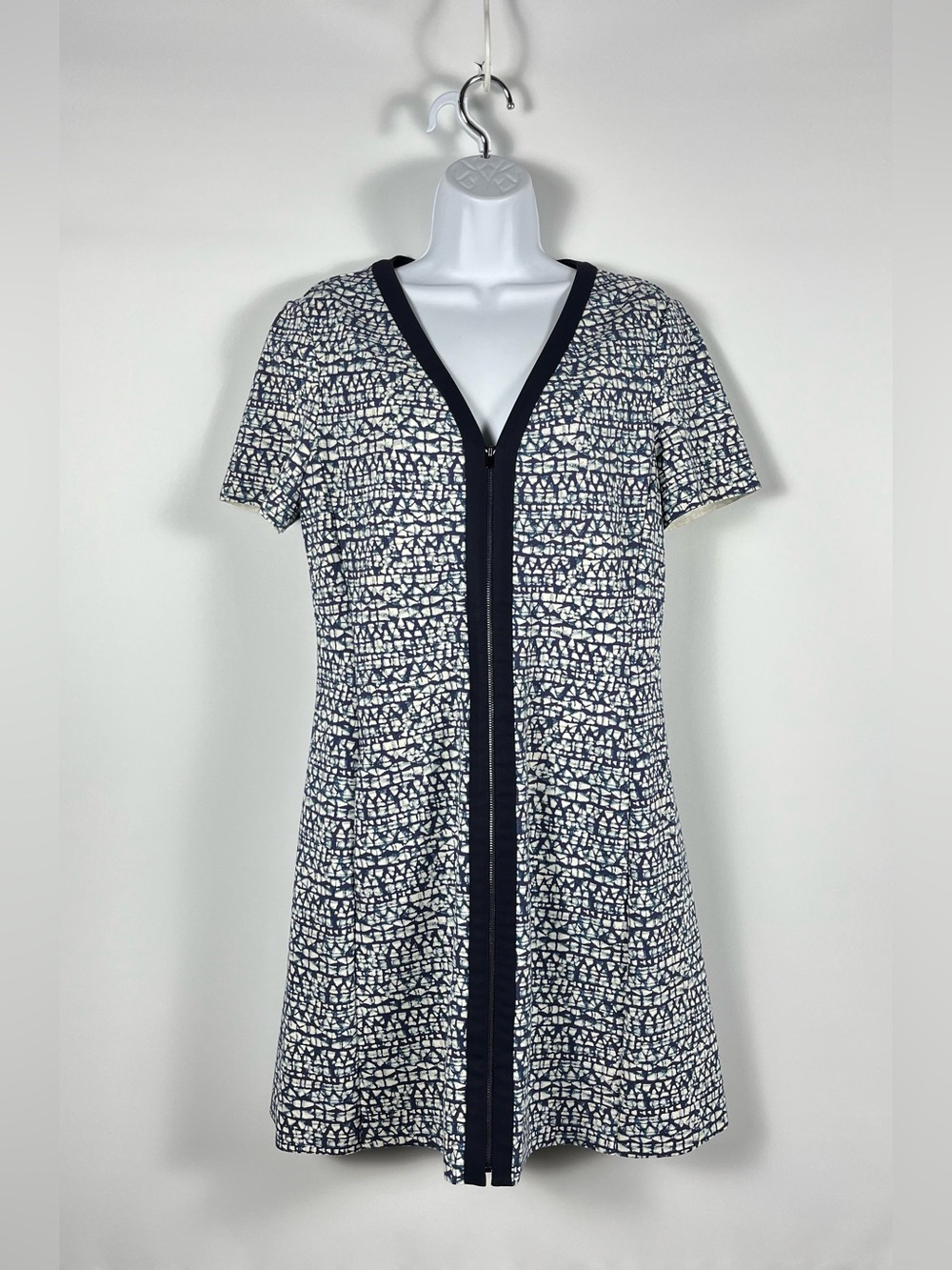 Tory Burch Blue & White A-line Full Front Zip Print Dress WPockets Size‎ Large